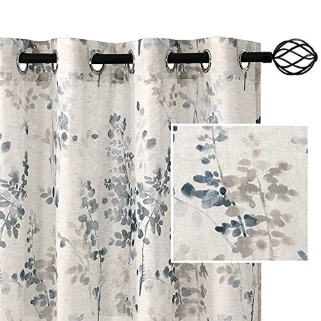 PrimeBeau Linen Sheer Curtains Classical Floral Pattern, Set of 2 Panels