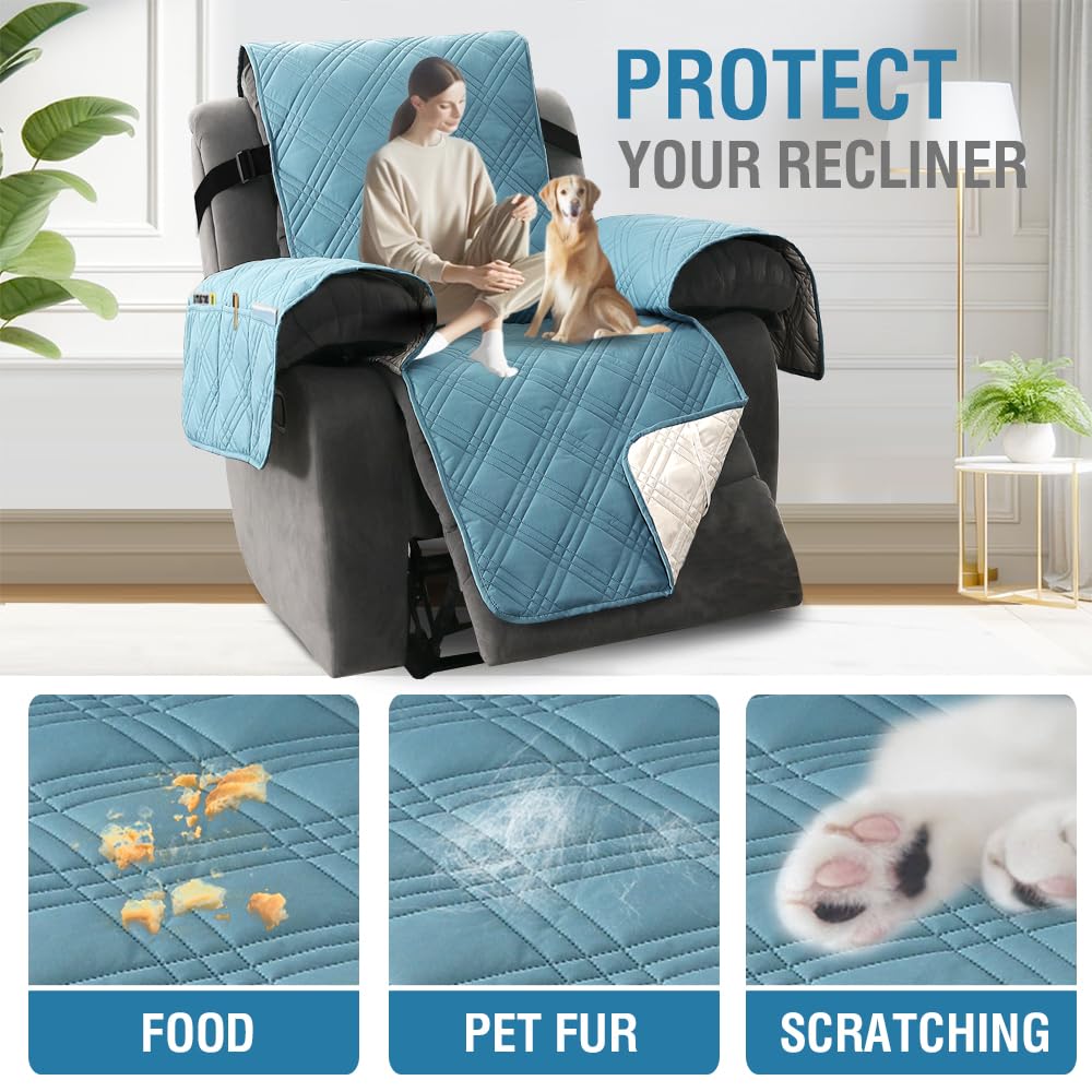 PrimeBeau 100% Waterproof Reversible Recliner Covers with Elastic Straps
