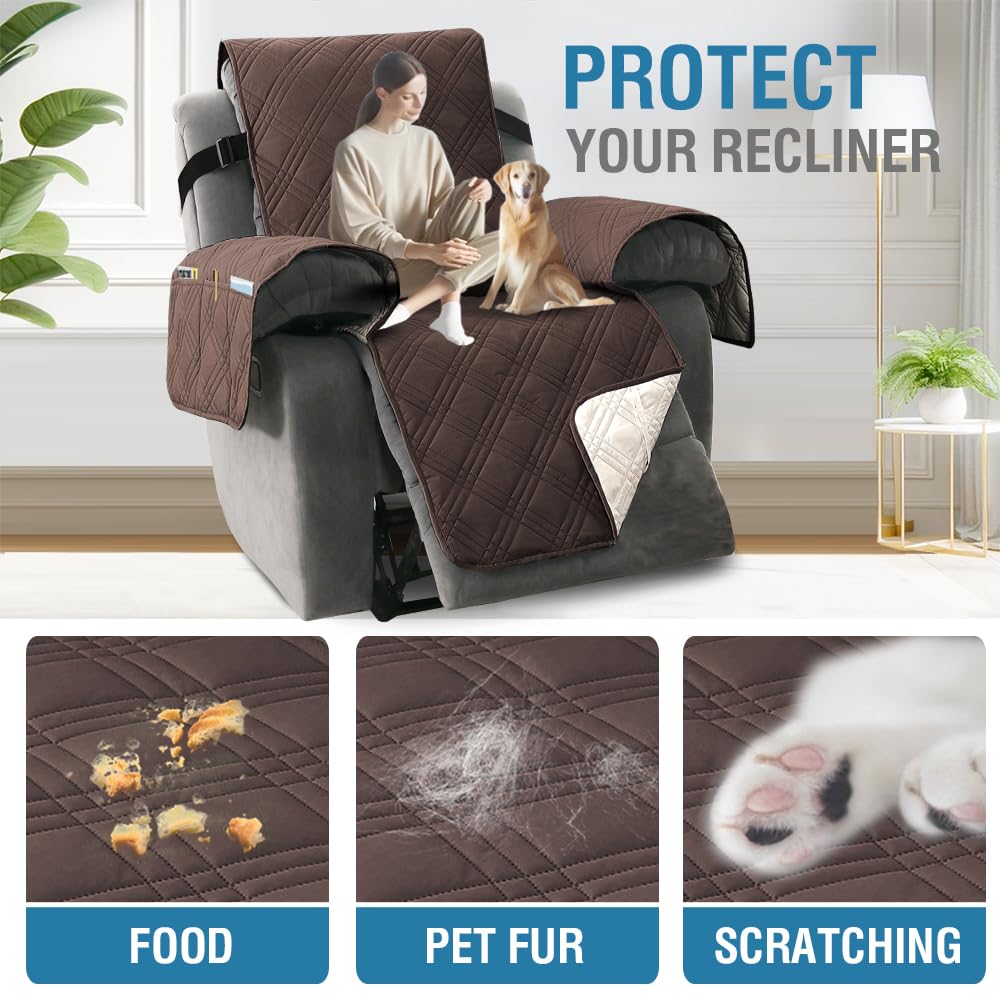 PrimeBeau 100% Waterproof Reversible Recliner Covers with Elastic Straps
