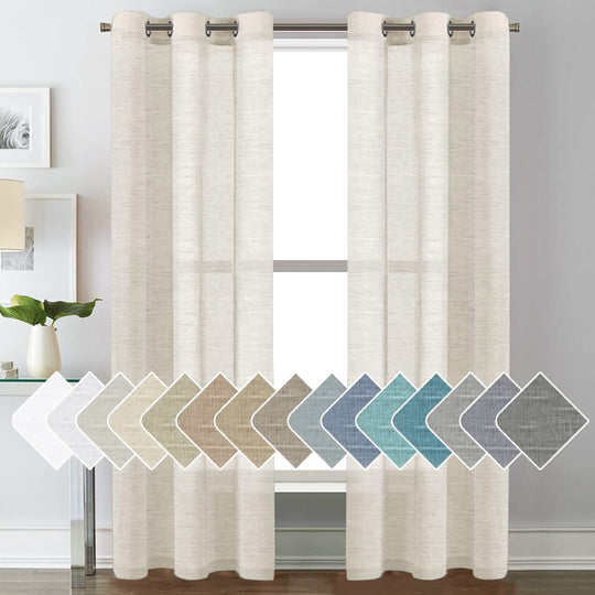 PrimeBeau Linen Semi-Sheer Curtains Grommet Drapes 37 Series Set of 2 Panels