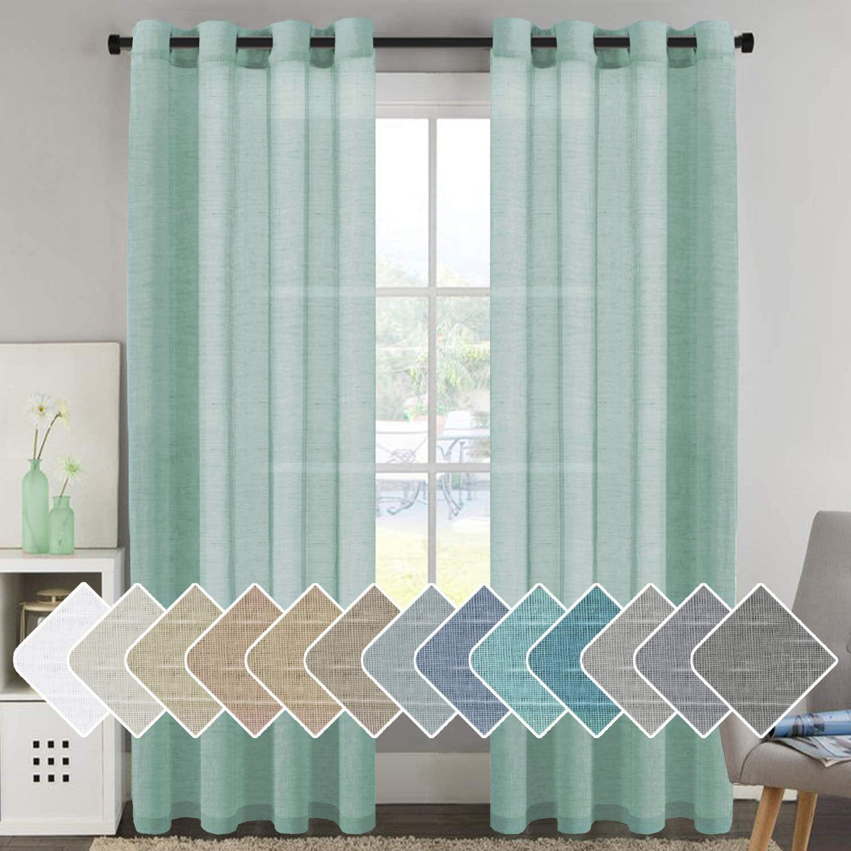 PrimeBeau Faux Linen Grommet Sheer Curtains - Set of 2 Panels 52 Series Long
