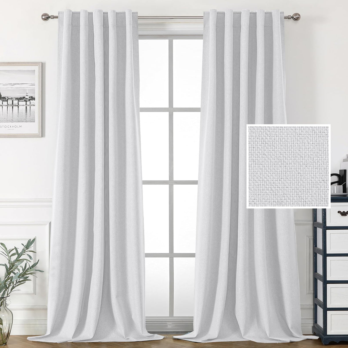 PrimeBeau 100% Blackout Faux Linen Look Curtains, Set of 2 Panels