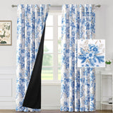 PrimeBeau 100% Blackout Curtains Vintage Floral Printed Drapes (Set of 2 Panels), Blue and Wheat