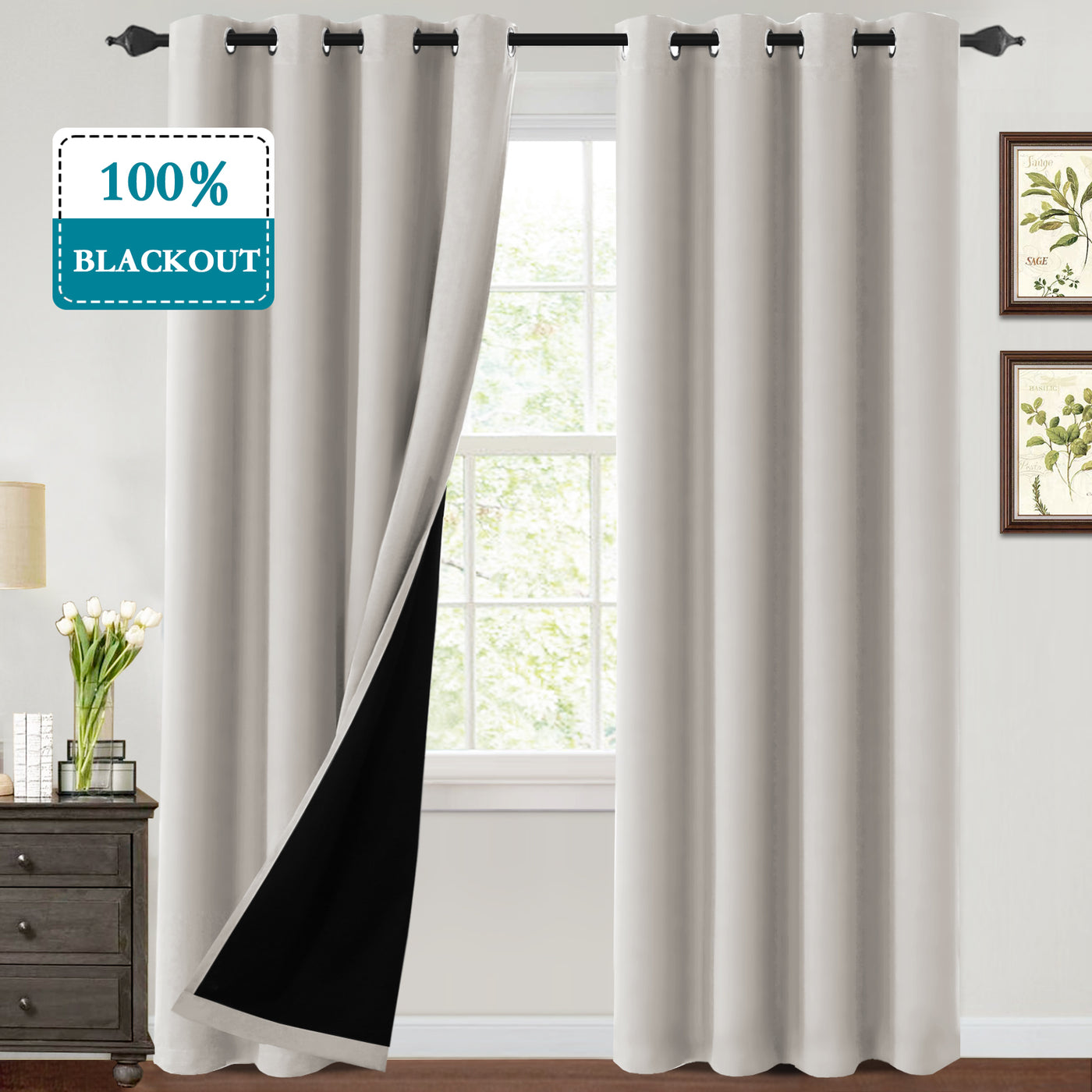 Thermal Insulated 100% Blackout Grommet Curtains for Bedroom with Black Liner(52 x 84-Inch, 2 Panels)