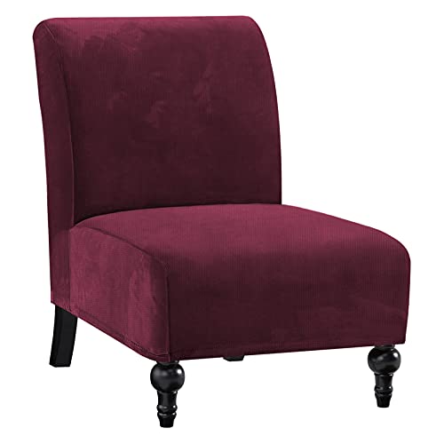 Armless Chair Slipcover Thick Striped Velvet Accent Chair Cover for Living Room High Stretch Slipper Chair Slipcover Removable Furniture Protector with Elastic Bottom, Machine Washable, Burgundy