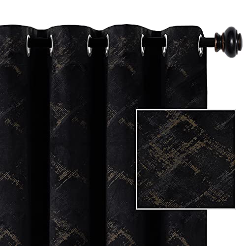 Luxury Velvet Curtains 63 Inches Long Thermal Insulated Blackout Curtains for Bedroom Foil Print Thick Soft Velvet Grommet Curtain Drapes for Living Room Vintage Home Decor, 2 Panels, Black