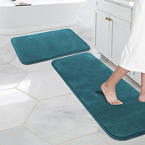 Kitchen Mat Set of 2 Memory Foam Set Bathroom Rug Set Flannel Velvety Bath Mat Luxury Extra Soft and Absorbent Non Slip Rugs for Kitchen/Bathroom Washable(47"x 17"/ 17"x 24", Dark Teal)
