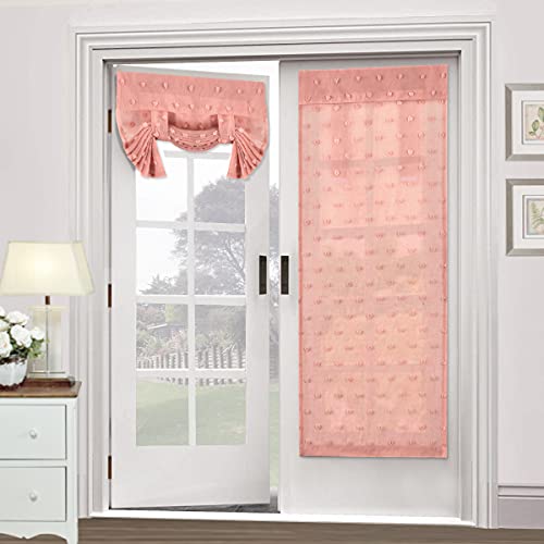 Linen Blended French Door Curtain Light Filtering French Door Blinds Privacy Tricia Window Covering Shade for Patio Door/Sidelight Door Tie Up Door Curtain, 26 x 68 Inch, 2 Panel, Pompom - Coral Pink