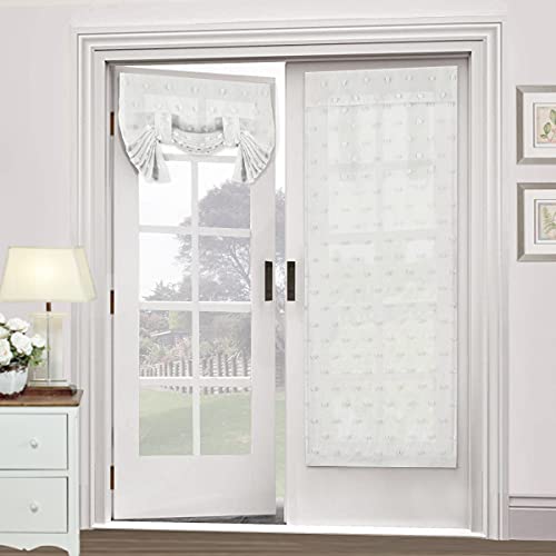 Linen Blended French Door Curtain Light Filtering French Door Blinds Privacy Tricia Window Covering Shade for Patio Door/Sidelight Door Tie Up Door Curtain, 26 x 68 Inch, 2 Panel, Pompom - White