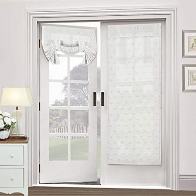 Linen Blended French Door Curtain Light Filtering French Door Blinds Privacy Tricia Window Covering Shade for Patio Door/Sidelight Door Tie Up Door Curtain, 26 x 68 Inch, 1 Panel, Pompom - White