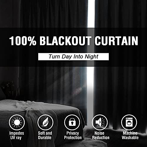 100% Blackout Curtains for Bedroom Thermal Insulated Blackout Curtains 63 inch Length Heat and Full Light Blocking Curtains Window Drapes for Living Room with Black Liner 2 Panels Set, Jet Black