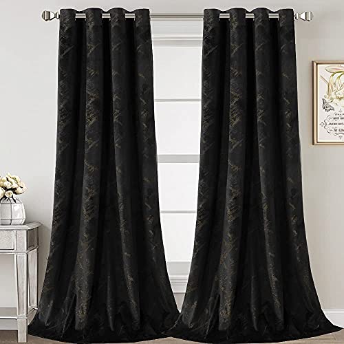 Luxury Velvet Curtains 108 Inches Long Thermal Insulated Blackout Curtains for Bedroom Foil Print Thick Soft Velvet Grommet Curtain Drapes for Living Room Vintage Home Decor, 2 Panels, Black