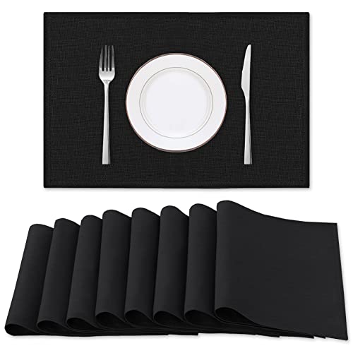 H.VERSAILTEX Linen Placemats Set of 8 Premium Solid Table Placemats for Dining Table Spill-Proof Waterproof Table Mats Heat-Resistant Kitchen Table Mats Washable, 12x18 inches, Black