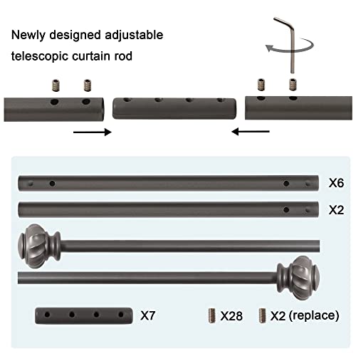 H.VERSAILTEX Window Curtain Rods for Windows 86 to 120 Inches Splicing Adjustable 3/4 Inch Diameter Single Window Curtain Rod Set with Decorative Ribbed Knob Finials, Pewter