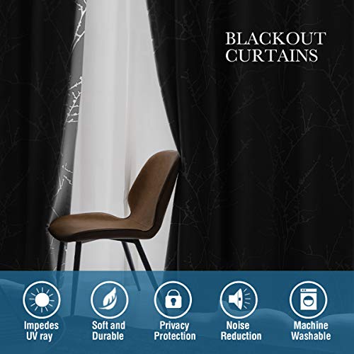 H.VERSAILTEX Blackout Curtains for Bedroom Foil Print Twig Tree Branch Thermal Insulated Grommet Curtain Drapes Light Blocking Thick Soft Window Curtains for Living 52 x 54 Inch Jet Black 2 Panels
