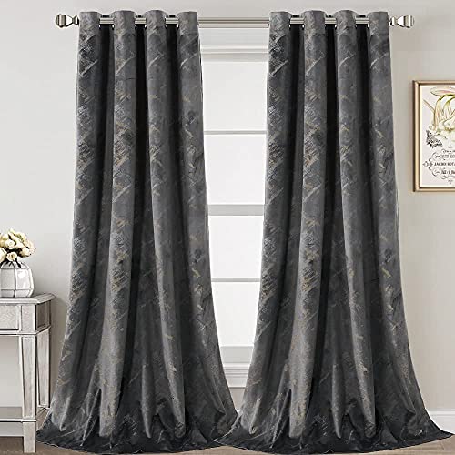 Luxury Velvet Curtains 108 Inches Long Thermal Insulated Blackout Curtains for Bedroom Foil Print Thick Soft Velvet Grommet Curtain Drapes for Living Room Vintage Home Decor, 2 Panels, Dark Grey