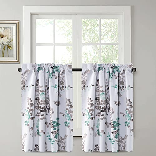 H.VERSAILTEX Blackout Kitchen Curtains Room Darkening Curtains Rod Pocket, Half Window Tier Curtains for Café, Laundry, Bedroom Grey and Turquoise Classical Floral Printing (Each 32"x 36", 2 Panels)