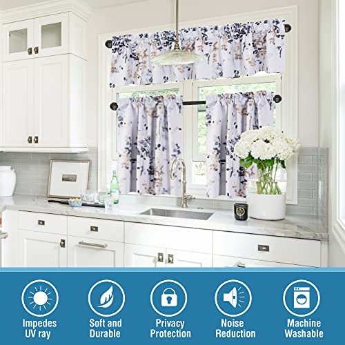 H.VERSAILTEX Blackout Kitchen Curtains Room Darkening Curtains Rod Pocket, Half Window Tier Curtains for Café, Laundry, Bedroom Bluestone and Taupe Classical Floral Printing (Each 32"x24", 2 Panels)