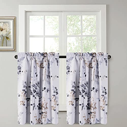 H.VERSAILTEX Blackout Kitchen Curtains Room Darkening Curtains Rod Pocket, Half Window Tier Curtains for Café, Laundry, Bedroom Bluestone and Taupe Classical Floral Printing (Each 32"x45", 2 Panels)