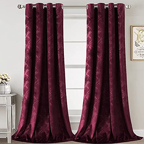 Luxury Velvet Curtains 108 Inches Long Thermal Insulated Blackout Curtains for Bedroom Foil Print Thick Soft Velvet Grommet Curtain Drapes for Living Room Vintage Home Decor, 2 Panels, Burgundy