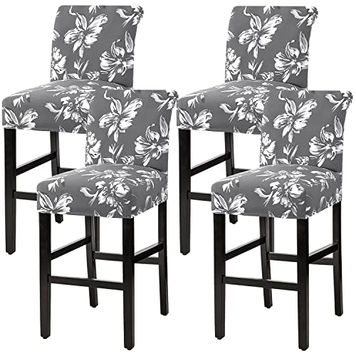 H.VERSAILTEX Stretch Bar Stool Cover Set of 4 Pub Counter Stool Chair Slipcover for Dining Room Cafe Height Side Chairs Feature Modern Floral Printed Design, Grey
