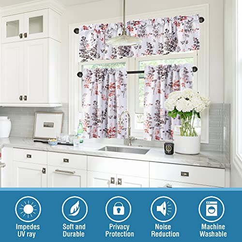 H.VERSAILTEX Blackout Kitchen Curtains Room Darkening Curtains Rod Pocket, Half Window Tier Curtains for Café, Laundry, Bedroom Grey and Coral Classical Floral Printing (Each 32"x 24", 2 Panels)