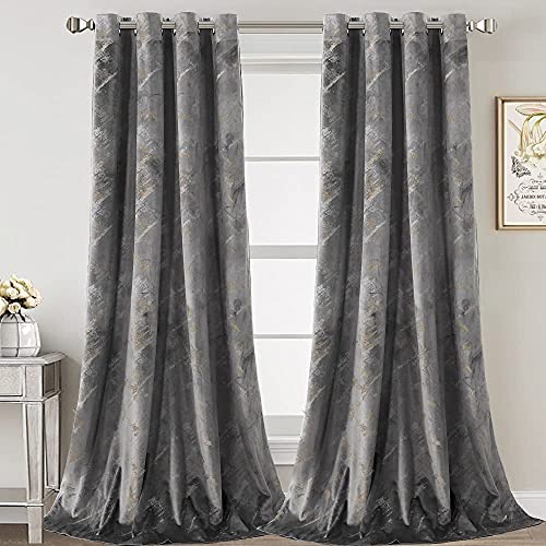 Luxury Velvet Curtains 108 Inches Long Thermal Insulated Blackout Curtains for Bedroom Foil Print Thick Soft Velvet Grommet Curtain Drapes for Living Room Vintage Home Decor, 2 Panels, Grey