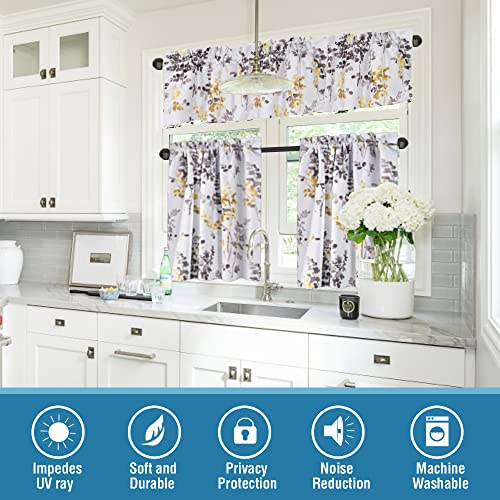 H.VERSAILTEX Blackout Kitchen Curtains Room Darkening Curtains Rod Pocket, Half Window Tier Curtains for Café, Laundry, Bedroom Grey and Yellow Classical Floral Printing (Each 32"x 45", 2 Panels)