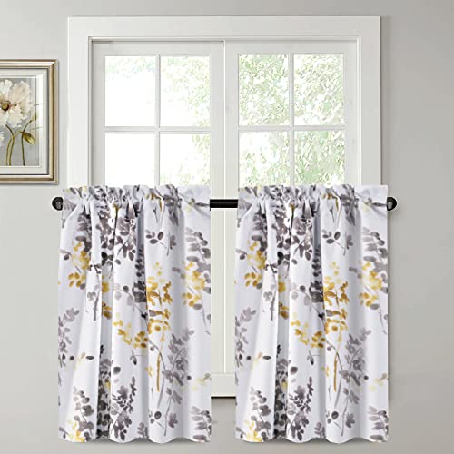 H.VERSAILTEX Blackout Kitchen Curtains Room Darkening Curtains Rod Pocket, Half Window Tier Curtains for Café, Laundry, Bedroom Grey and Yellow Classical Floral Printing (Each 32"x 45", 2 Panels)