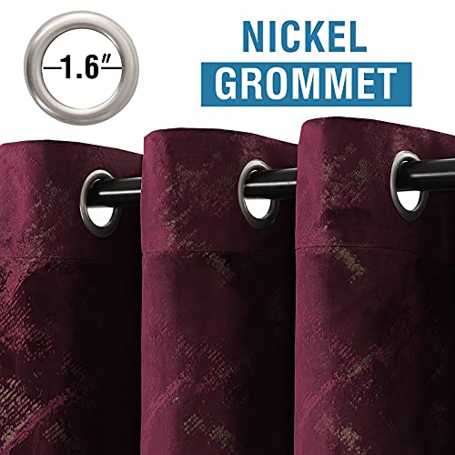 Luxury Velvet Curtains 63 Inches Long Thermal Insulated Blackout Curtains for Bedroom Foil Print Thick Soft Velvet Grommet Curtain Drapes for Living Room Vintage Home Decor, 2 Panels, Burgundy
