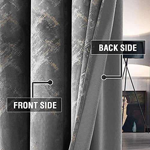 Luxury Velvet Curtains 108 Inches Long Thermal Insulated Blackout Curtains for Bedroom Foil Print Thick Soft Velvet Grommet Curtain Drapes for Living Room Vintage Home Decor, 2 Panels, Grey