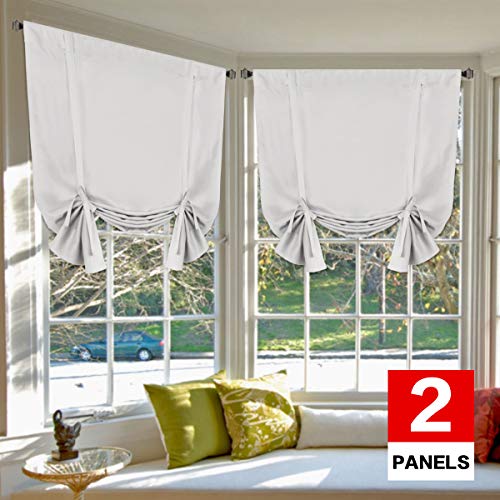 Bedroom Curtain 2 Panels Thermal Insulated Room Darkening Tie Up Shades for Kitchen, Privacy Assured (Rod Pocket Panels, 42W x 63L, Greyish White)