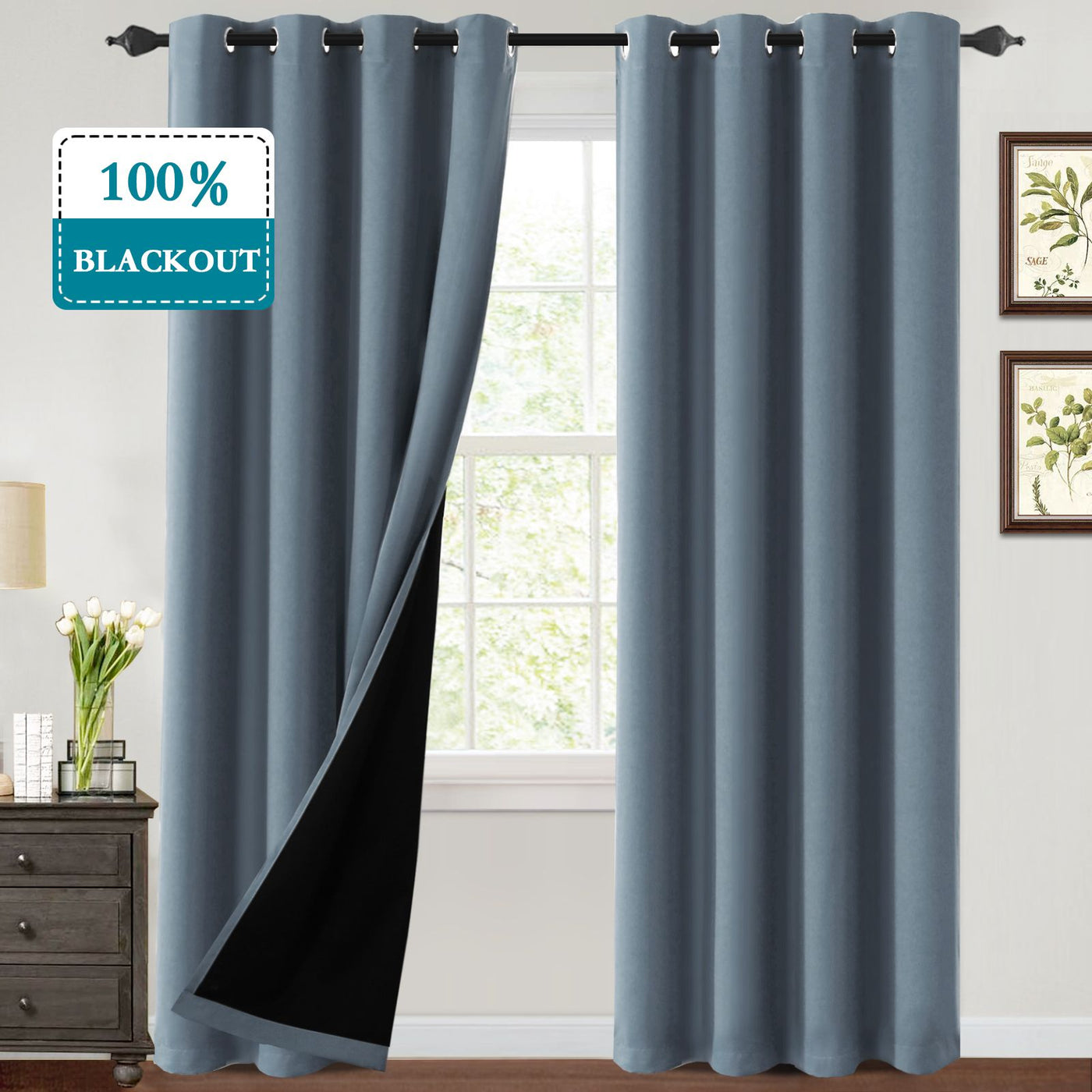 Thermal Insulated 100% Blackout Grommet Curtains for Bedroom with Black Liner(52 x 96-Inch, 2 Panels)